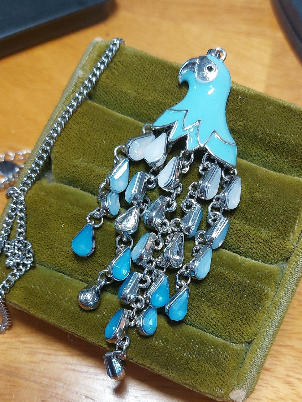 32" Peacock Long Necklace Enamel Blue Silvertone Tassel